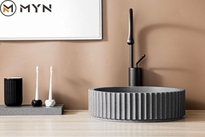 MYN Customize Color Salle de bain Gain de place Pierre artificielle Rainure Flûte Surface solide Lavabos avec comptoirs en pierre frittée - Product Image 3