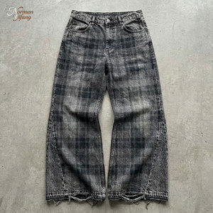 Jeans évasés rétro amples en denim délavé à l'acide, avec imprimé lettres, bords bruts, patchwork et effet vieilli, respirants, personnalisés OEM pour hommes - Product Image 1