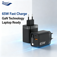 Chargeur de voyage USB-C 65W GaN avec câble rétractable Type-C, double port A + C, charge rapide PD pour ordinateur portable, protection intégrée, vente en gros