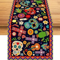 Nappe en polyester Mexicaine Jour des Morts, motifs crânes et floraux, personnalisation possible, origine Chine
