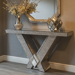 Table <span class=keywords><strong>Console</strong></span> élégante <span class=keywords><strong>en</strong></span> <span class=keywords><strong>verre</strong></span> semi-circulaire à carreaux Offre Spéciale de <span class=keywords><strong>haute</strong></span> qualité argent scintillant miroir diamant Table de couloir salon - Product Image 1