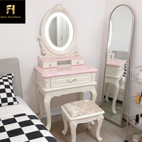 Coiffeuse de luxe française en bois sculpté rose pour chambre de fille, style médiéval européen, avec miroir LED tactile