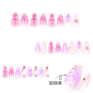 24 pièces/ensemble Faux ongles à presser en ABS, courts, forme amande, couvrance totale, motif floral 3D, dégradé, peints à la main, couleur nude, pour femmes et salons - Product Image 4