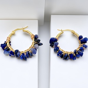 <b>Hoop</b> Earrings Natural Stone Wrapped Gold Plated <b>Large</b> Size Bohemian Style Fashion Jewelry - Product Image 2
