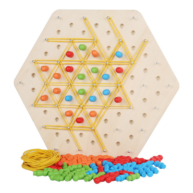 Wooden Geoboard Nail Board with Rubber Bands Color Pegs Montessori Math Manipulative Toy for Toddlers Spatial Shape Recognition