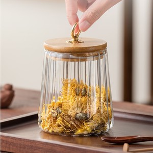 Pot en verre rayé avec couvercle en bambou, forme cylindrique, récipient de rangement pour grains de café et feuilles de thé - Product Image 3