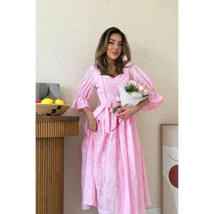 Vestido de Organza Rosa Bordado con Cuello Cuadrado, Estilo Vintage, Hecho a Mano, para Eventos Nocturnos, Cintura Natural - Product Image 2