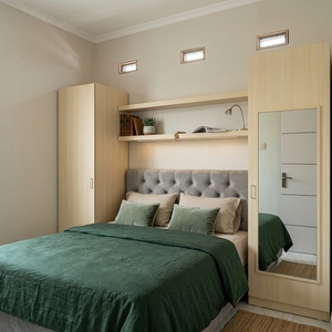 Armoire de lit en contreplaqué et placage de frêne blanc Sungkai, finition naturelle, unité de rangement pour chambre à coucher avec miroir et étagères - Product Image 5