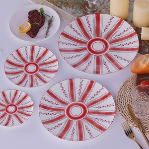 Style Simple Vintage Bande Rouge Décalque Plats En Céramique Vaisselle Ensemble De Vaisselle En Porcelaine Osseuse Chargeur Assiette Vaisselle De Mariage - Product Image 6