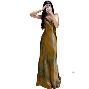 TAOP & ZA 2023 verano nuevo Retro Delgado pintura al óleo vestido largo con cuello en V textura satinada Vestido con tirantes Vestidos Mujer 8025438