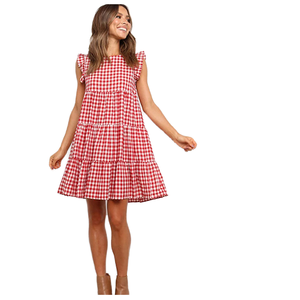 Vestido de Verano 2025 para Mujer, Diseño Personalizado OEM, Estampado a Cuadros, Transpirable, Cintura Imperio, Volantes, Cuello Redondo, Corte en A, Estilo Dulce y Moderno, Largo hasta la Rodilla - Product Image 1