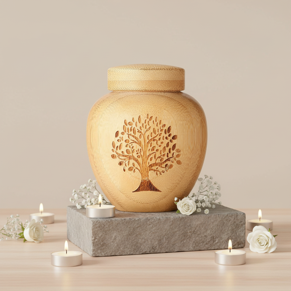 Customizable Bamboo Pet Cremation Urn with Tree of Life Design - Barrel Shape Coffin Lid for Cats Do