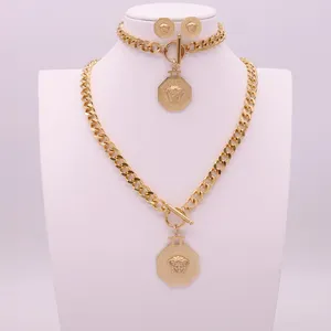 Stainless Steel 18K Gold Plated Charm Pendant Link Chain Necklace Bracelet and Earring Jewelry Set
