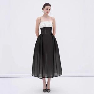 Vestido largo con tirantes, encaje, patchwork, cintura con detalle, sin tirantes, cuello halter, logo personalizado, estilo coreano, con volantes para fiesta - Product Image 3