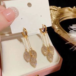 Shiny Rhinestone Leaf Jewelry Tassel Dangle Drop <b>Earrings</b> Gold Plated <b>Stud</b> <b>Earrings</b> - Product Image 5