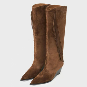 New Style Winter Western <b>High</b> Wedge Heels Side Tassels Suede Pointed Toe Long Boots Women's Flock Fringes <b>Knee</b> <b>High</b> Booties - Product Image 4