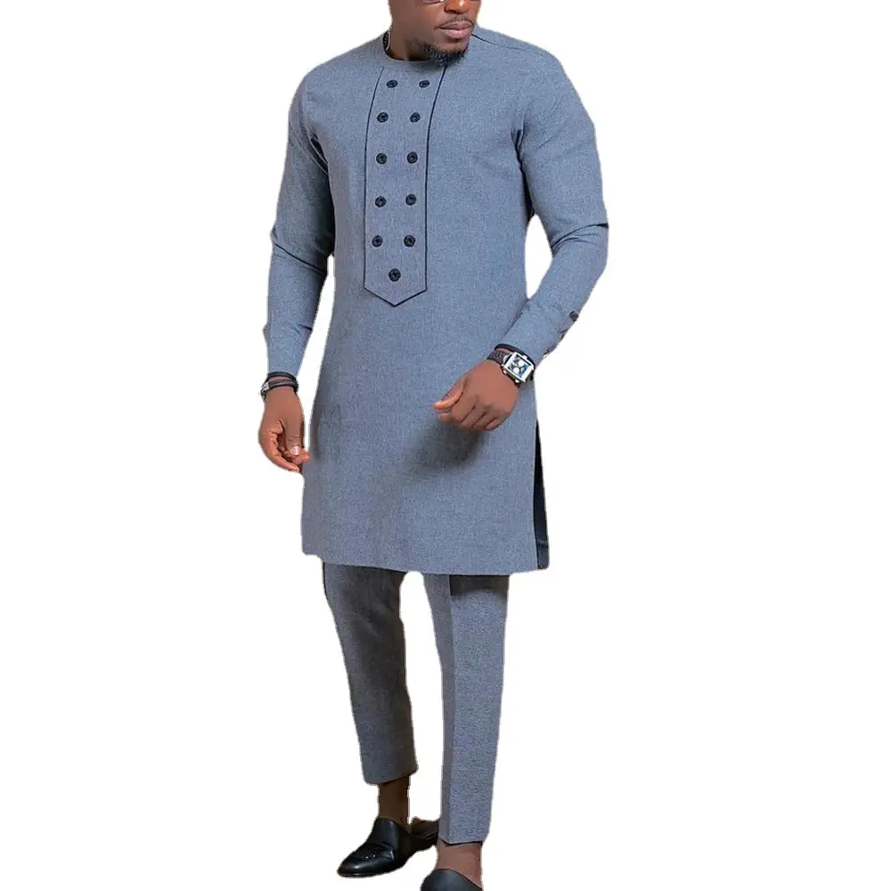 Abbigliamento africano per uomo Set 2023 Top con bottoni ricamati e pantaloni Casual abiti blu chiaro completi 2 pezzi abbigliamento da uomo Dashiki