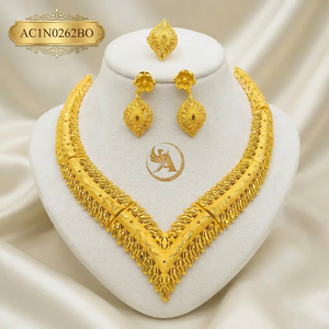 Luxury African V Shape Gold Plated Jewelry Set for Women Bridal Earrings Ring Fashion Necklace - Product Image 1
