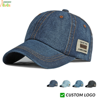 Casquette de baseball vintage non structurée en denim délavé avec étiquette en cuir et surpiqûres contrastées, 6 panneaux, style délavé à la pierre, vente en gros