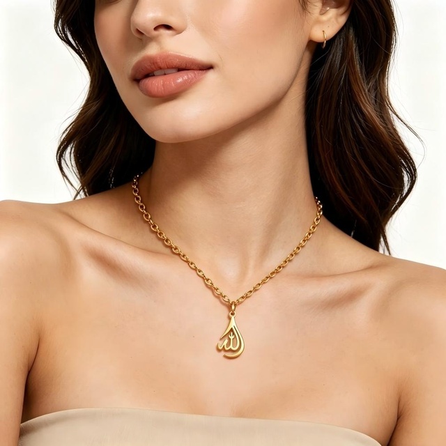Dual Tone Polished Titanium Steel Arabic Word Pendant Necklace Waterproof Tarnish Resistant Custom Engrave Name Layering Jewelry