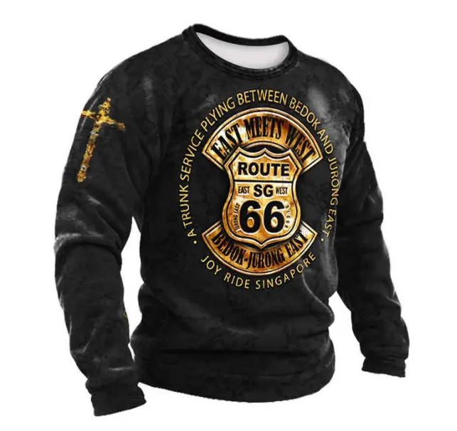 Vintage Men's T Shirt Long Sleeve Top Tees USA Route 66 Letter Graphic 3D Print T-Shirt Fall Oversized Loose Clothing 5XL
