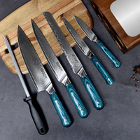 QXF Ensemble de couteaux de cuisine 7 pièces en acier damas à 67 couches avec manche en bois de Pakkawood complet Ensemble de couteaux de chef Support de couteau en bois