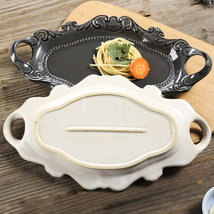 Assiette à dîner rétro en céramique gaufrée Steak Pain Fruits <span class=keywords><strong>Dessert</strong></span> Salade de fruits Plateau de service avec poignée Fête Restaurant Vaisselle - Product Image 4