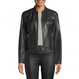 Veste en cuir véritable noire pour femme, col rond, fermeture éclair intégrale, style streetwear décontracté - Product Image 3
