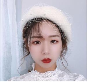 Boina francesa con velo de malla y perlas de fieltro de lana 100% para <span class=keywords><strong>mujer</strong></span>, gorro cálido de Color sólido, sombrero de artista para pintor, disfraces de fantasía, 10 colores - Product Image 5