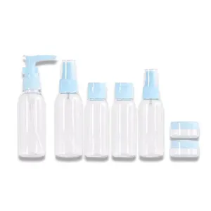 Conjunto de viagem PET de plástico recarregável frasco spray loção shampoo perfume limpador facial creme embalagem