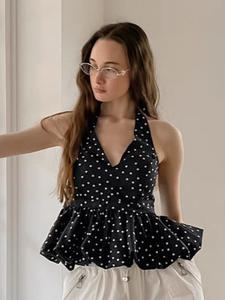 Top CAMIS de Verano Estilo Francés con Estampado de Puntos, Sin Mangas, Cuello Halter, Poliéster Dobby, Cintura Definida y Efecto Adelgazante, Moda Europea y Americana - Product Image 5