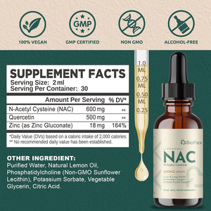 Vente en gros de suppléments anti-âge à formule personnalisée en vrac Nacural Pure Vegan 600mg de gouttes <span class=keywords><strong>NAC</strong></span> N-acétyl cystéine avec 500mg de quercétine - Product Image 3
