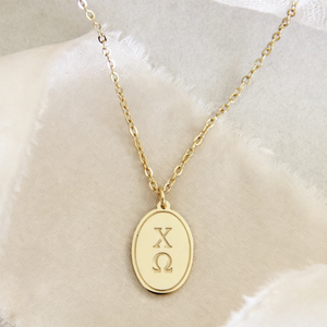 Collier pendentif ovale en acier inoxydable, lettres grecques personnalisées pour sororité, bijoux minimalistes délicats, cadeaux de bienvenue pour filles - Product Image 3