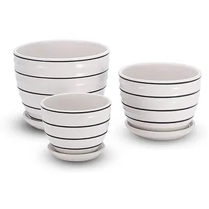 pot desain hitam putih Suppliers-3 Buah Set Stok Murah Desain Garis Hitam Keramik Putih Pot Bunga Grosir