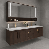 Meuble-lavabo double vasque moderne en bois foncé avec armoire miroir LED, suspendu au mur, pour projets hôteliers et d'appartements