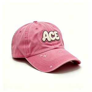 Gorra de papá rosa lavada personalizada de 6 paneles con parche de chenilla bordado con logo ACE, desgastada, sin estructura, corona suave, unisex, con letras, al por mayor - Product Image 3