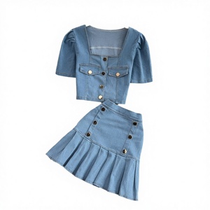 2-Piece Women's Summer Y2K <b>Square</b> Collar Top & Above Knee High Waist Regular Fit Solid Woven Denim <b>Set</b> - Product Image 3