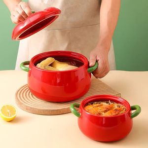 Cuenco de <span class=keywords><strong>sopa</strong></span> de porcelana de doble oreja con forma de tomate rojo de 900-2800ml, cuenco de fideos instantáneos de cerámica para dormitorio de estudiantes con tapa - Product Image 3