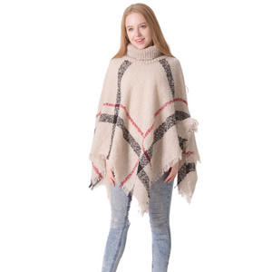 <span class=keywords><strong>Poncho</strong></span> <span class=keywords><strong>en</strong></span> tricot d'<span class=keywords><strong>alpaga</strong></span> à carreaux pour femmes, <span class=keywords><strong>poncho</strong></span> <span class=keywords><strong>en</strong></span> cachemire à carreaux chaud pour l'hiver, pull à col roulé <span class=keywords><strong>en</strong></span> fil bouclé - Product Image 1