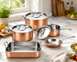 Ensemble de casseroles en cuivre tri-couches avec poêle à griller <span class=keywords><strong>rectangulaire</strong></span>, <span class=keywords><strong>casserole</strong></span> à <span class=keywords><strong>induction</strong></span> et poêle pour la cuisine à domicile - Product Image 1