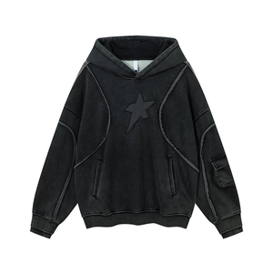 KingSen High Quality Heavyweight 100% Cotton <b>Pullover</b> Hoodie Custom Embroidery Vintage Washed Patchwork Oversized <b>Men</b> Sweatshirt - Product Image 1