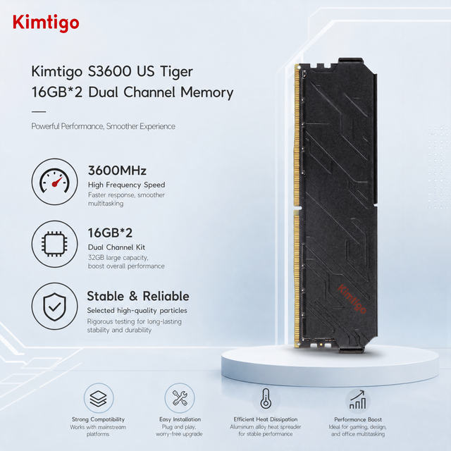 Kimtigo Suhu Zhushazhi 16GB*2 DDR4 3600MHz Black Heat Sink Desktop RAM Kit Hynix IC Gaming Memory Module Desktop Gaming in Stock