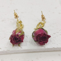 Boucles d'oreilles pendantes à la mode pour femmes Fleur séchée naturelle et laiton avec résine époxy Rose Bijoux Accessoires pour filles
