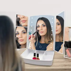 New Products Plastic Framed Lady Desktop Makeup Mirror Tri-fold Lighted Cosmetic X2 X3 Magnifying Mirror with Storage Box