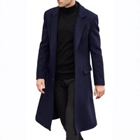 Manteau trench décontracté pour homme, coupe ajustée, sans col, long, simple boutonnage, style Pea Coat, avec poches, en polyester tissé 100%