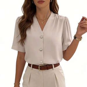 Chemisier pour femme, col en V, boutons perlés, manches courtes bouffantes, haut de bureau, chemise tendance - Product Image 1