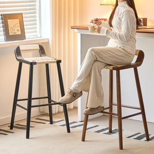 Taburetes de Bar de Madera Maciza con Asiento de Ratán, 45 cm de Altura, Duraderos, No Giratorios, No Plegables, Silla para Isla de Cocina o Barra - Product Image 4