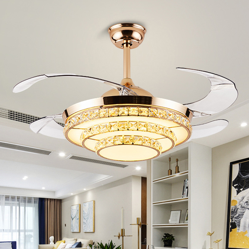 42" Modern Crystal Ceiling Fan Chandelier LED 3 Color Remote Control Retractable Invisible Blades 3 Speeds Ceiling Fans