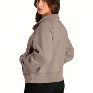 Pullover Embroidery Solid Color Plain Beige French Terry Hip Hop Loose Long Sleeve <b>Women</b> <b>Fleece</b> <b>Half</b> <b>Zip</b> Oversized Sweatshirt - Product Image 4