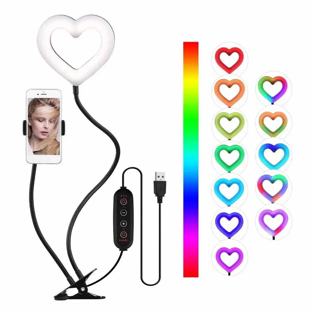 RGB Colorful LED Ring Light Tripod Rgb Heart Ring Light with Phone Clip for Vlogging Short Video